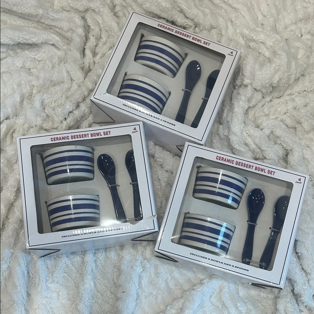 Ceramic Dessert Bowl Set with Spoons Nantucket Blue Stripes New in box